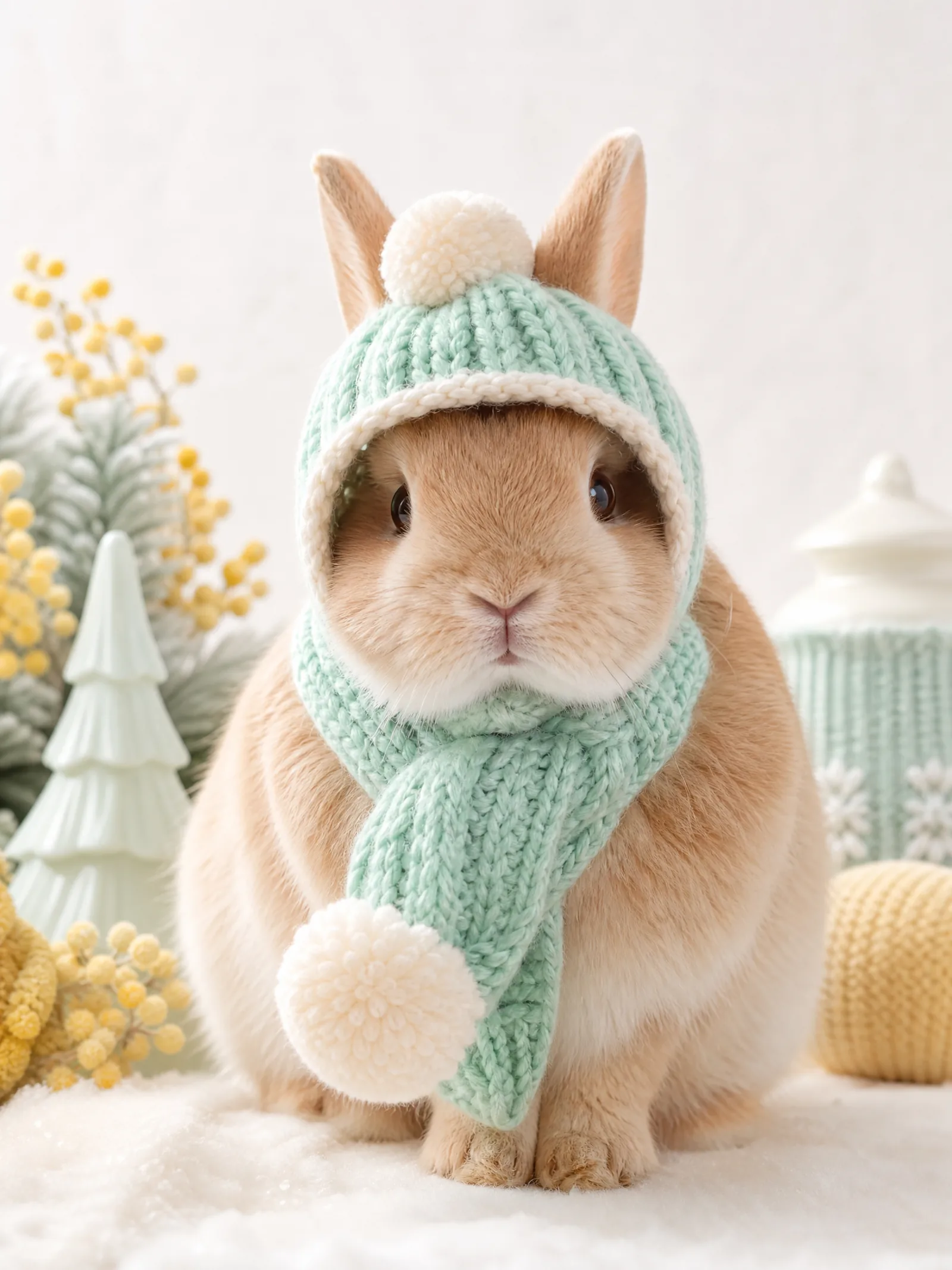戴着针织帽与围巾的兔子冬季服装秀作品